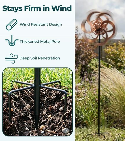 63" Metal Wind Spinner Outdoor, Double-Sided Kinetic Yard Spinner, Smooth Spinning Garden Decor, Stable 5-Prong Stake, Copper Yard Art for Lawn & Patio in Saudi Arabia