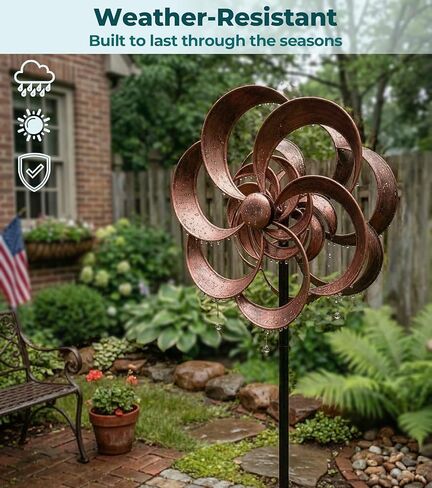 63" Metal Wind Spinner Outdoor, Double-Sided Kinetic Yard Spinner, Smooth Spinning Garden Decor, Stable 5-Prong Stake, Copper Yard Art for Lawn & Patio in Saudi Arabia