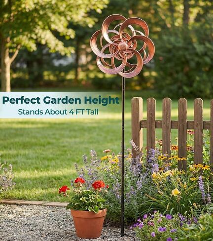 63" Metal Wind Spinner Outdoor, Double-Sided Kinetic Yard Spinner, Smooth Spinning Garden Decor, Stable 5-Prong Stake, Copper Yard Art for Lawn & Patio in Saudi Arabia