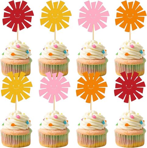 24Pcs Rainbow Cupcake Topper Cartoon Smiling Sun Cupcake Picks for Sunshine Baby Shower Rainbow Boys Girls Summer Birthday Cupcake Decoration Boho Sunshine Rainbows Party Supplies in Saudi Arabia