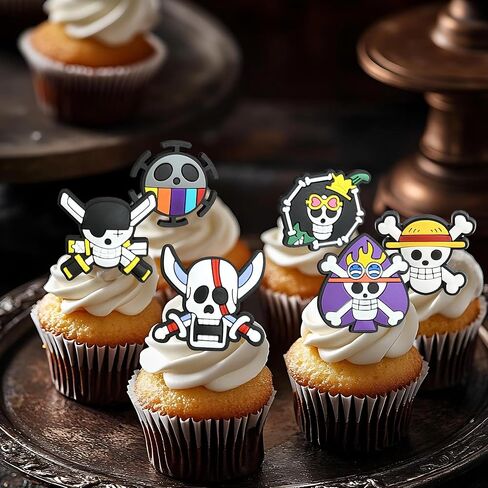 24 PCS Anime Skull Cupcake Rings Pirate Themed Cupcake Toppers Colorful Skeleton Cake Decorations for Skull Theme Baby Shower Kids Birthday Halloween Pirate Party Cake Decorations Supplies in Kuwait