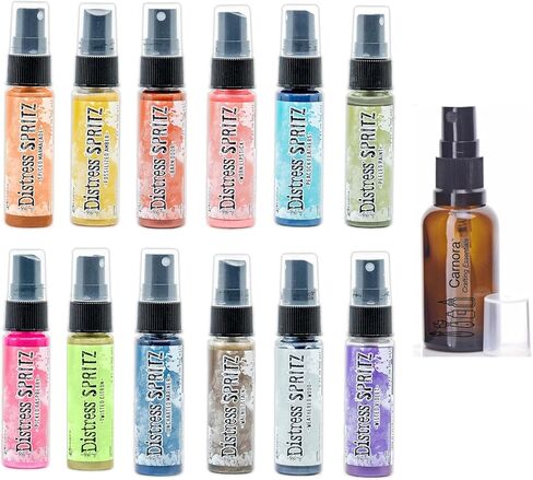Ranger Ink Tim Holtz Distress Spritz Sprays - Set #1, Bundle of 12 Luminous Colors, 1 oz bottles, 1 Carnora Amber Bottle, June 2024 Release in Kuwait