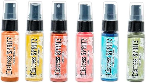 Ranger Ink Tim Holtz Distress Spritz Sprays - Set #1, Bundle of 12 Luminous Colors, 1 oz bottles, 1 Carnora Amber Bottle, June 2024 Release in Kuwait