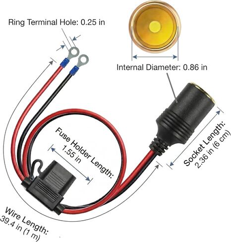 13AWG Heavy Duty Car Cigarette Lighter Socket with 20A Fuse, 12V 24V Female Socket to Round Terminal, 3FT Replacement Power Cord for Inverter, Air Pump, Car Fridge in Saudi Arabia