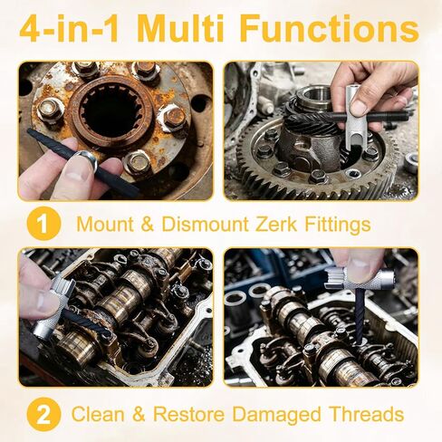2 Pcs 4-in-1 Grease Zerk Fitting Tool, Alloy Steel Grease Fitting Tool for Install Remove Rethread Fit 1/4"-28 SAE 1/8"-NPT M8x1 M10x1 in Saudi Arabia