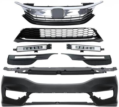 PENSUN Front Bumper Cover Primed Fit for 2016 2017 Honda Accord Sedan (Front Bumper & Upper Grill & Lower Grill & Fog Lights & Engine Cover) in Saudi Arabia