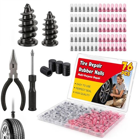 76PCS Tire Repair Rubber Nail Kit, 2 Sizes Premium Spiral Screw-in Tire Plugs, Tire Screw Plugs with Screwdriver, Pliers, Fast Self-Service Tool for Car, Truck,Motorcycle,Tractor Tire Puncture Repair in Saudi Arabia