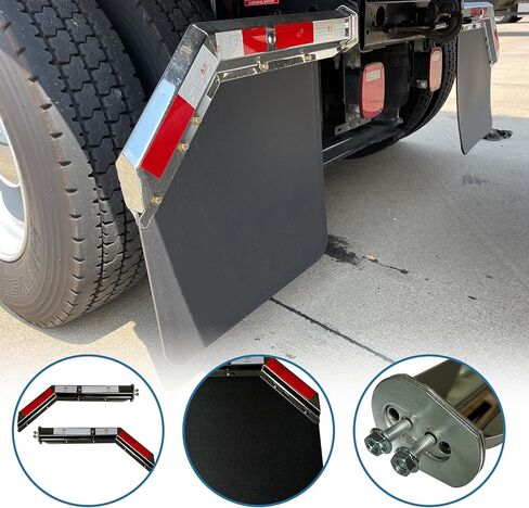 Stainless Angled Spring Loaded Mud Flap Hanger Bracket with Reflective Tapes and 24"x 24" Mud Flap for Semi Trucks-Bolt Spacing 2-1/2" 2.5"-Heavy Duty HD Mudflap Hanger in Kuwait