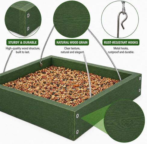 Wooden Hanging Bird Feeder/Heavy-Duty Large Capacity Outdoor Bird Feeder/Drainable Design/Attracts Robins, Sparrows/Includes Hanging Wire/No Assembly Required in Kuwait