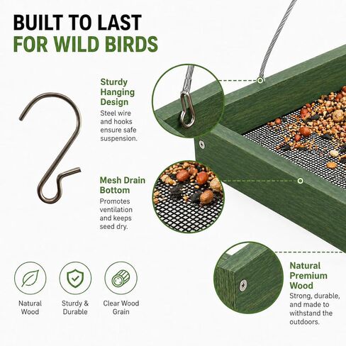 Wooden Hanging Bird Feeder/Heavy-Duty Large Capacity Outdoor Bird Feeder/Drainable Design/Attracts Robins, Sparrows/Includes Hanging Wire/No Assembly Required in Kuwait