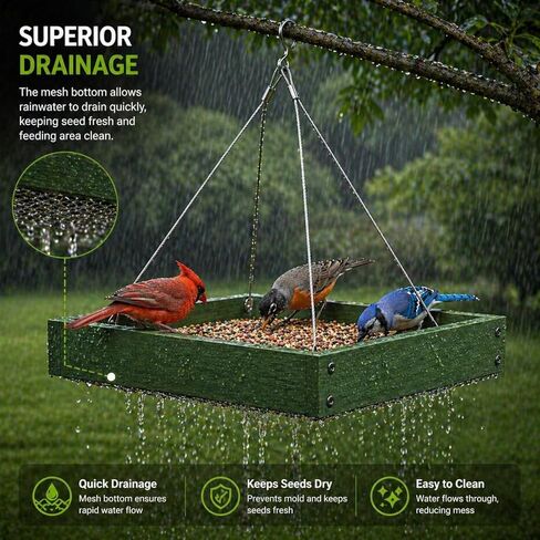 Wooden Hanging Bird Feeder/Heavy-Duty Large Capacity Outdoor Bird Feeder/Drainable Design/Attracts Robins, Sparrows/Includes Hanging Wire/No Assembly Required in Kuwait