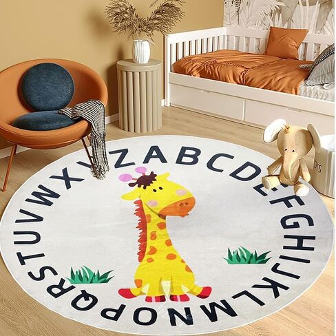 Cartoon Giraffe Rug Round Animal Print Carpet 4Ft Round Soft Giraffe Area Rug Non-Slip Circular Play Mat for Boys and Girls, Kids Carpet for Playroom, Classroom, or Nursery Decor in Kuwait