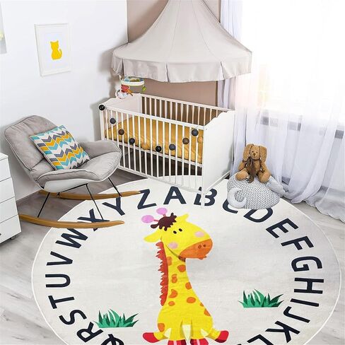 Cartoon Giraffe Rug Round Animal Print Carpet 4Ft Round Soft Giraffe Area Rug Non-Slip Circular Play Mat for Boys and Girls, Kids Carpet for Playroom, Classroom, or Nursery Decor in Kuwait