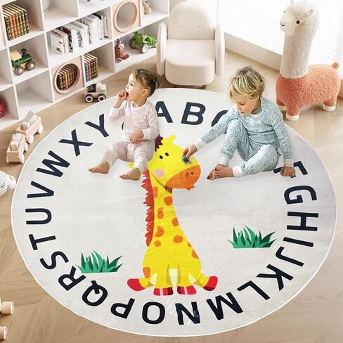Cartoon Giraffe Rug Round Animal Print Carpet 4Ft Round Soft Giraffe Area Rug Non-Slip Circular Play Mat for Boys and Girls, Kids Carpet for Playroom, Classroom, or Nursery Decor in Kuwait