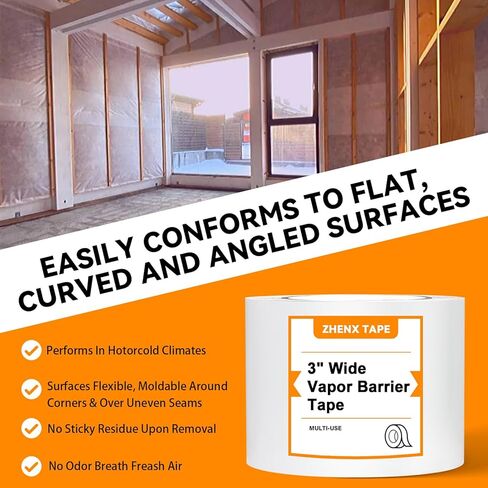 Vapor Barrier Tape, High-Adhesion Waterproof Seam Tape, Insulation Tape 3" Wide x 180' Long, PE Seal Tape 9 mm, for Crawlspaces Barriers Seal and Seam Insulation Repairs & Plastic Liners, 4 Roll in Saudi Arabia