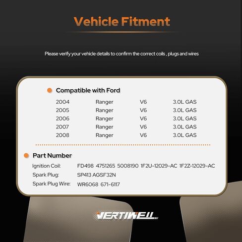 Set of 1 Ignition Coil Pack and Spark Plugs and Wires Set Compatible with Ford Ranger 2004-2008 3.0L V6 Replaces FD498 3354 SP413 in Saudi Arabia