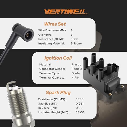 Set of 1 Ignition Coil Pack and Spark Plugs and Wires Set Compatible with Ford Ranger 2004-2008 3.0L V6 Replaces FD498 3354 SP413 in Saudi Arabia
