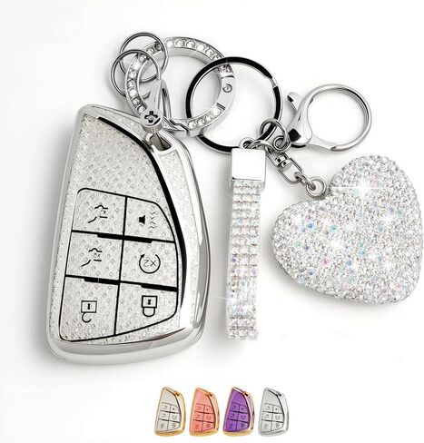 6 Button Key Fob Cover with Diamond, Compatible with GMC Yukon Denali Sierra 2021-2026, Fit for Chevy Silverado Suburban Tahoe Buick, Sparkling TPU Key Case and Bling Heart for Women (Silver) in Saudi Arabia