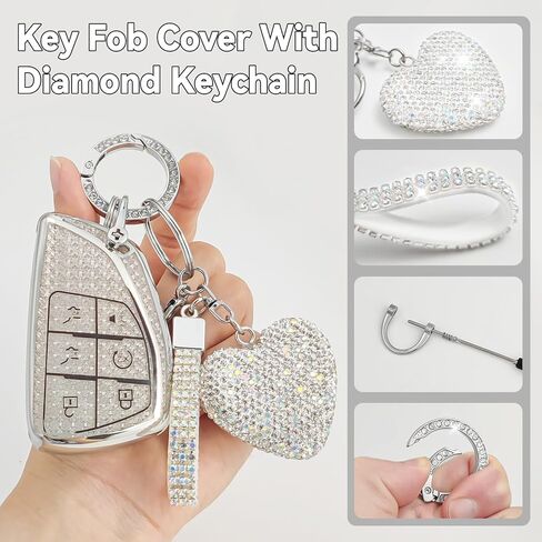 6 Button Key Fob Cover with Diamond, Compatible with GMC Yukon Denali Sierra 2021-2026, Fit for Chevy Silverado Suburban Tahoe Buick, Sparkling TPU Key Case and Bling Heart for Women (Silver) in Saudi Arabia