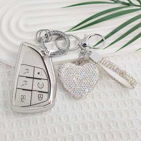 6 Button Key Fob Cover with Diamond, Compatible with GMC Yukon Denali Sierra 2021-2026, Fit for Chevy Silverado Suburban Tahoe Buick, Sparkling TPU Key Case and Bling Heart for Women (Silver) in Saudi Arabia