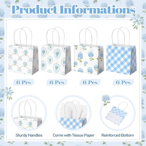 Silkfly 24 Pack Mini Blue Floral Gift Bags with Handles & Tissue Paper 5x5x3 Inch Bulk Small Hydrangea Flower Candy Goodie Bags for Women Baby Shower Tea Party Bridesmaid Birthday Wedding Supplies in Kuwait