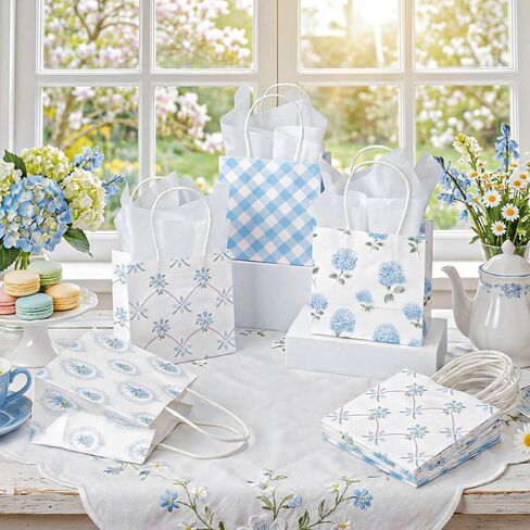 Silkfly 24 Pack Mini Blue Floral Gift Bags with Handles & Tissue Paper 5x5x3 Inch Bulk Small Hydrangea Flower Candy Goodie Bags for Women Baby Shower Tea Party Bridesmaid Birthday Wedding Supplies in Kuwait