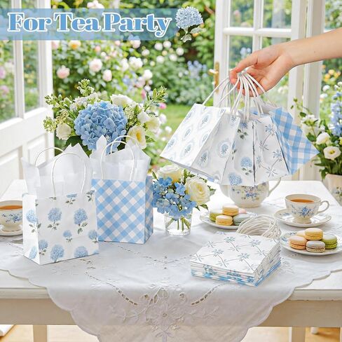 Silkfly 24 Pack Mini Blue Floral Gift Bags with Handles & Tissue Paper 5x5x3 Inch Bulk Small Hydrangea Flower Candy Goodie Bags for Women Baby Shower Tea Party Bridesmaid Birthday Wedding Supplies in Kuwait