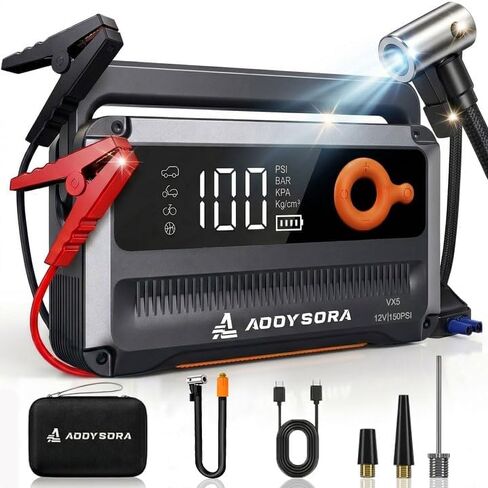 9-in-1 6000A Car Battery Jump Starter with Air Compressor 26800mAh, 150PSI 12V Portable Jump Box with Auto-Shutoff Tire Inflator, 3 Modes Flashlight and Jumper Cables(All Gas/12L Diesel) in Saudi Arabia