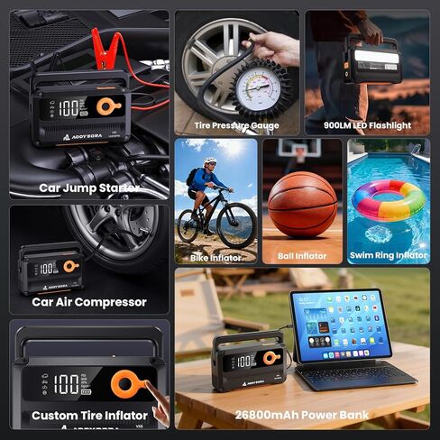 9-in-1 6000A Car Battery Jump Starter with Air Compressor 26800mAh, 150PSI 12V Portable Jump Box with Auto-Shutoff Tire Inflator, 3 Modes Flashlight and Jumper Cables(All Gas/12L Diesel) in Saudi Arabia