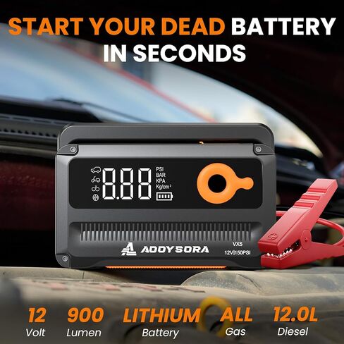 9-in-1 6000A Car Battery Jump Starter with Air Compressor 26800mAh, 150PSI 12V Portable Jump Box with Auto-Shutoff Tire Inflator, 3 Modes Flashlight and Jumper Cables(All Gas/12L Diesel) in Saudi Arabia