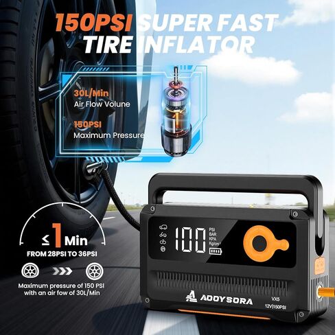 9-in-1 6000A Car Battery Jump Starter with Air Compressor 26800mAh, 150PSI 12V Portable Jump Box with Auto-Shutoff Tire Inflator, 3 Modes Flashlight and Jumper Cables(All Gas/12L Diesel) in Saudi Arabia