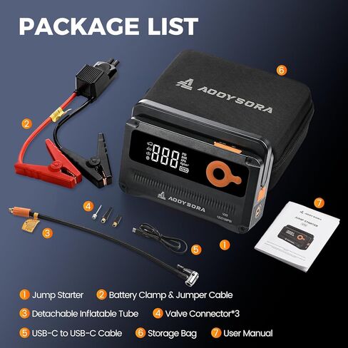 9-in-1 6000A Car Battery Jump Starter with Air Compressor 26800mAh, 150PSI 12V Portable Jump Box with Auto-Shutoff Tire Inflator, 3 Modes Flashlight and Jumper Cables(All Gas/12L Diesel) in Saudi Arabia