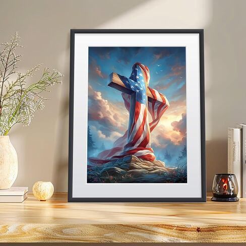 Bowetile 4th of July Diamond Art Kits for Adults, American Flag on Wooden Cross Diamond Painting Kit, 5D DIY Full Drill Diamond Dots Paintings Picture Gem Art Craft for Home Decor 12x16 Inch in Kuwait