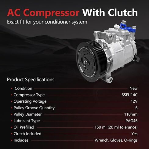 HYR New Air Conditioner AC Compressor with Clutch Compatible with Audi A4 A4 Quattro 2005-2013, Q5 2011-2012, A5 A5 Quattro 2010-2012, A6 2012-2015, A6 Quattro 2013-2015, 1.8L 2.0L 3.2L in Saudi Arabia