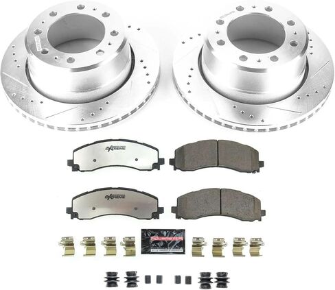 طقم فرامل خلفية PowerStop لـ Ram 3500 2019-24 - وسادات فرامل سيراميك من ألياف الكربون للشاحنة والسحب + ترقية الدوارات المحفورة والمشقوقة، K8637-36 in Kuwait