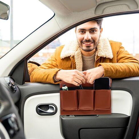 Car Window Armrest Storage Box: Leather Window Side Bag Organizer with Cushion Pocket Universal Front Car Door Armrest Pad Accessory for Vehicle Truck Console Elbow Support Brown in Kuwait