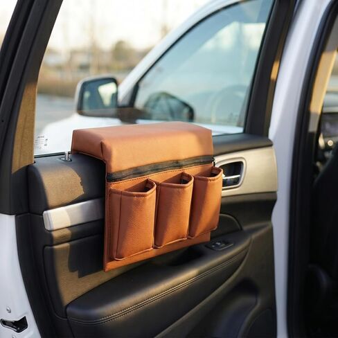 Car Window Armrest Storage Box: Leather Window Side Bag Organizer with Cushion Pocket Universal Front Car Door Armrest Pad Accessory for Vehicle Truck Console Elbow Support Brown in Kuwait