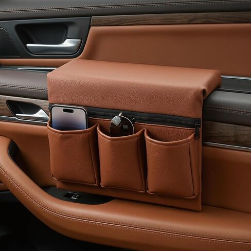 Car Window Armrest Storage Box: Leather Window Side Bag Organizer with Cushion Pocket Universal Front Car Door Armrest Pad Accessory for Vehicle Truck Console Elbow Support Brown in Kuwait