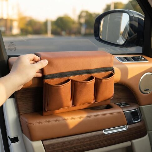 Car Window Armrest Storage Box: Leather Window Side Bag Organizer with Cushion Pocket Universal Front Car Door Armrest Pad Accessory for Vehicle Truck Console Elbow Support Brown in Kuwait