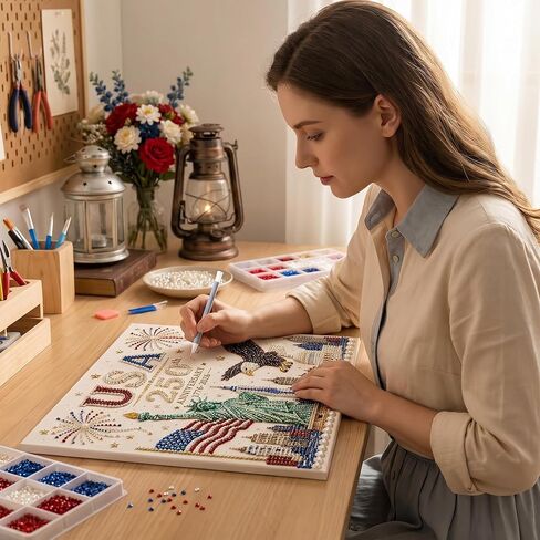 مجموعة طلاء اللؤلؤ DIY للذكرى السنوية الـ 250 للولايات المتحدة الأمريكية للبالغين، فن اللؤلؤ الوطني ونقاط الماس في الرابع من يوليو، هدية ديكور المنزل باللون الأحمر والأبيض والأزرق مع العلم والنسر 1776-2026 (زهرة أ) in Kuwait