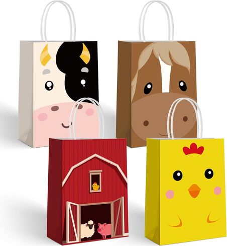 REZBLEATH 16 PCS Farm Animal Theme Party Favor Bags with handles 4 Styles Paper Candy Bag Goodie bags for Kid Birthday Party Baby Shower Supplies and Party Decorations in Kuwait