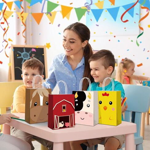 REZBLEATH 16 PCS Farm Animal Theme Party Favor Bags with handles 4 Styles Paper Candy Bag Goodie bags for Kid Birthday Party Baby Shower Supplies and Party Decorations in Kuwait