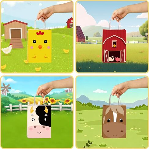 REZBLEATH 16 PCS Farm Animal Theme Party Favor Bags with handles 4 Styles Paper Candy Bag Goodie bags for Kid Birthday Party Baby Shower Supplies and Party Decorations in Kuwait