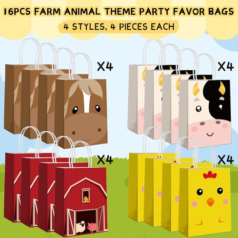REZBLEATH 16 PCS Farm Animal Theme Party Favor Bags with handles 4 Styles Paper Candy Bag Goodie bags for Kid Birthday Party Baby Shower Supplies and Party Decorations in Kuwait