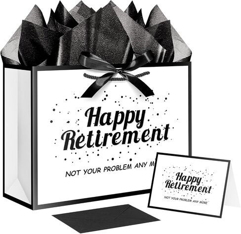 XiaosRen Happy Retirement Gift Bag with Tissue Paper and Card, White Black Gift Bag with Ribbon for Women Men Retirement Party Decorations Supplies in Saudi Arabia