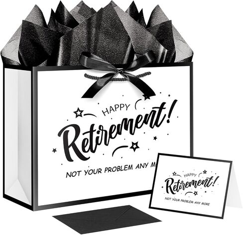 XiaosRen Happy Retirement Gift Bag with Tissue Paper and Card, White Black Gift Bag with Ribbon for Women Men Retirement Party Decorations Supplies in Saudi Arabia