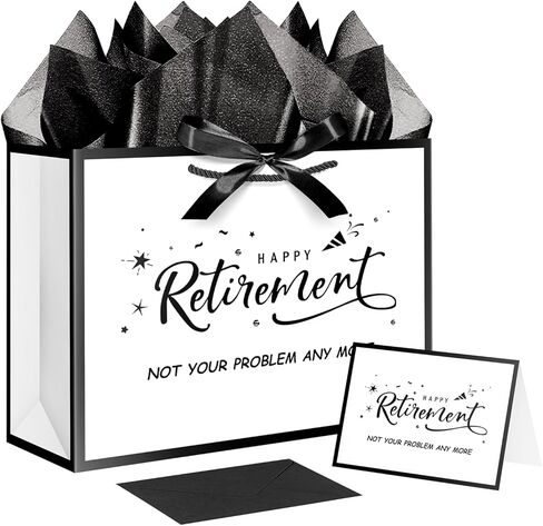 XiaosRen Happy Retirement Gift Bag with Tissue Paper and Card, White Black Gift Bag with Ribbon for Women Men Retirement Party Decorations Supplies in Saudi Arabia