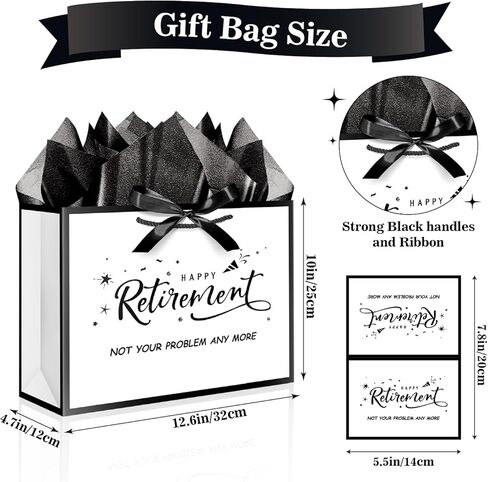 XiaosRen Happy Retirement Gift Bag with Tissue Paper and Card, White Black Gift Bag with Ribbon for Women Men Retirement Party Decorations Supplies in Saudi Arabia