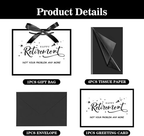 XiaosRen Happy Retirement Gift Bag with Tissue Paper and Card, White Black Gift Bag with Ribbon for Women Men Retirement Party Decorations Supplies in Saudi Arabia