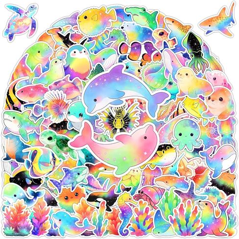 100 Pcs Cartoon Ocean Animal Stickers for Kids Adults, Cute Rainbow Animal Sticker Pack, Waterproof Vinyl Under the Sea Decals, Fish Turtle Stickers for Water Bottle, Laptop, Sea Life Party Favors in Saudi Arabia